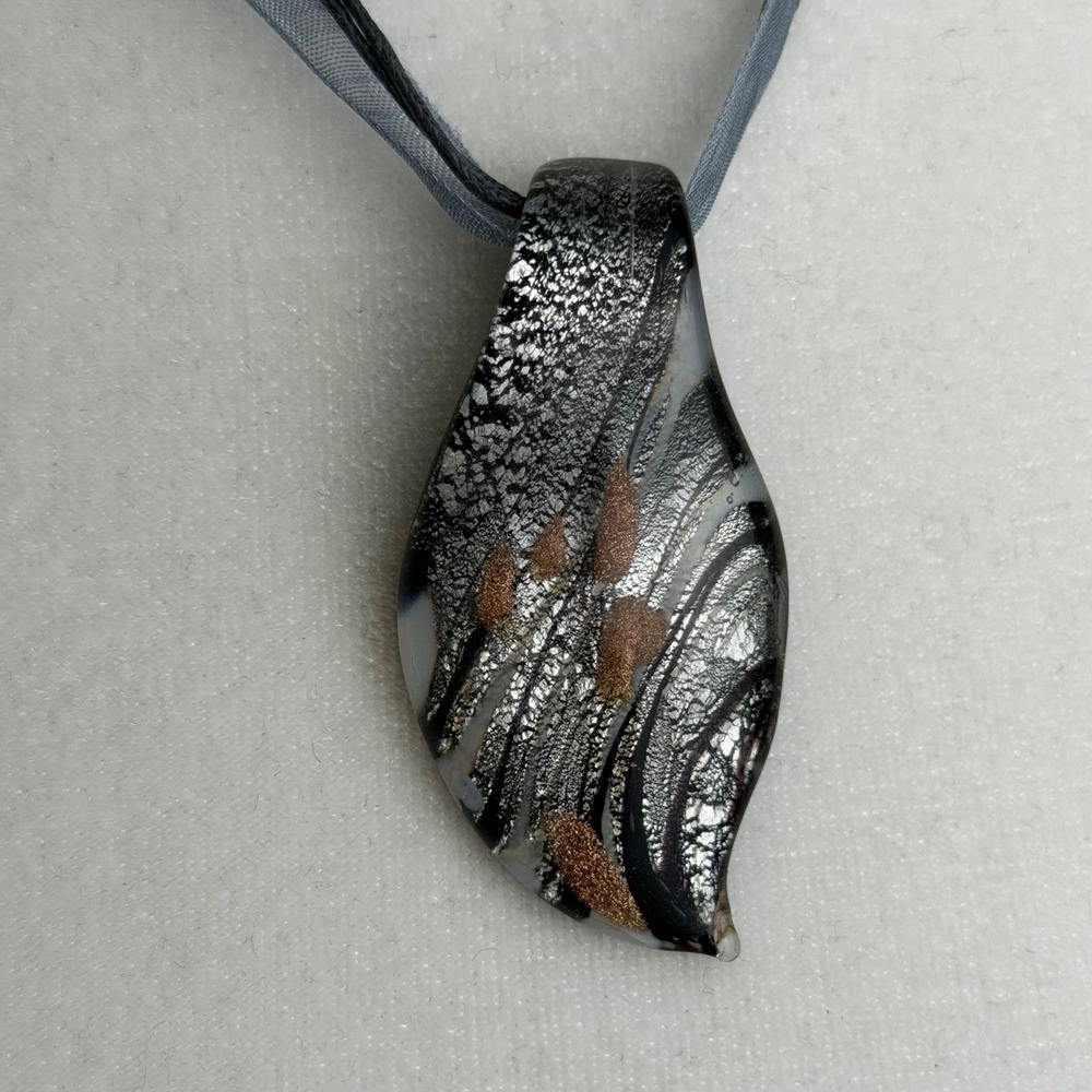 Murano Style Art Glass‎ Pendant Necklace Silver Foil Copper Leaf Organza Ribbon
